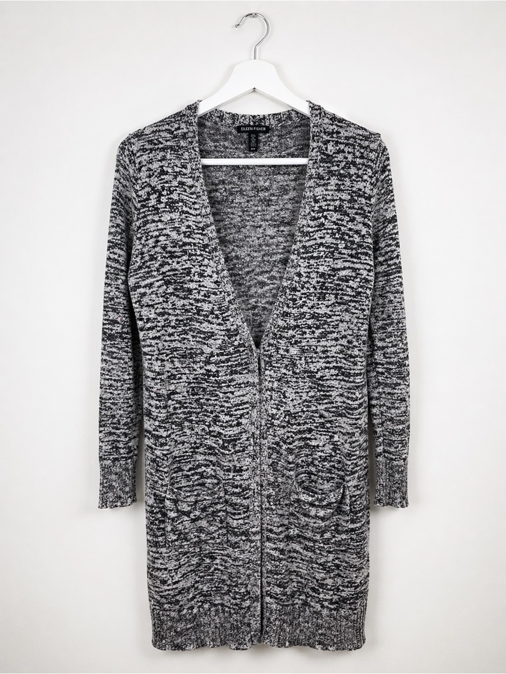 Eileen Fisher Long Open Cardigan Silk Blend Black Gray Marled Duster Sweater Med
